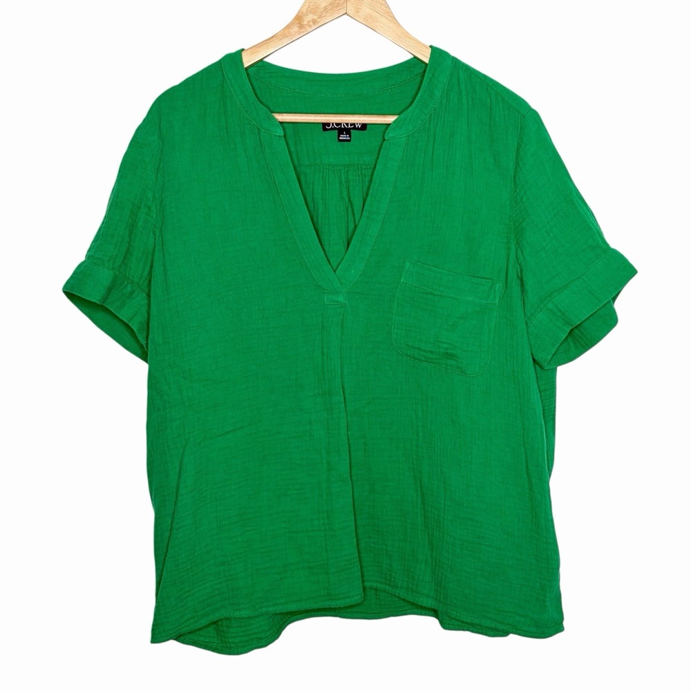 J Crew Short Sleeve Gauzy Top Kelly Green Womens Size L Beachy Preppy Fisherman